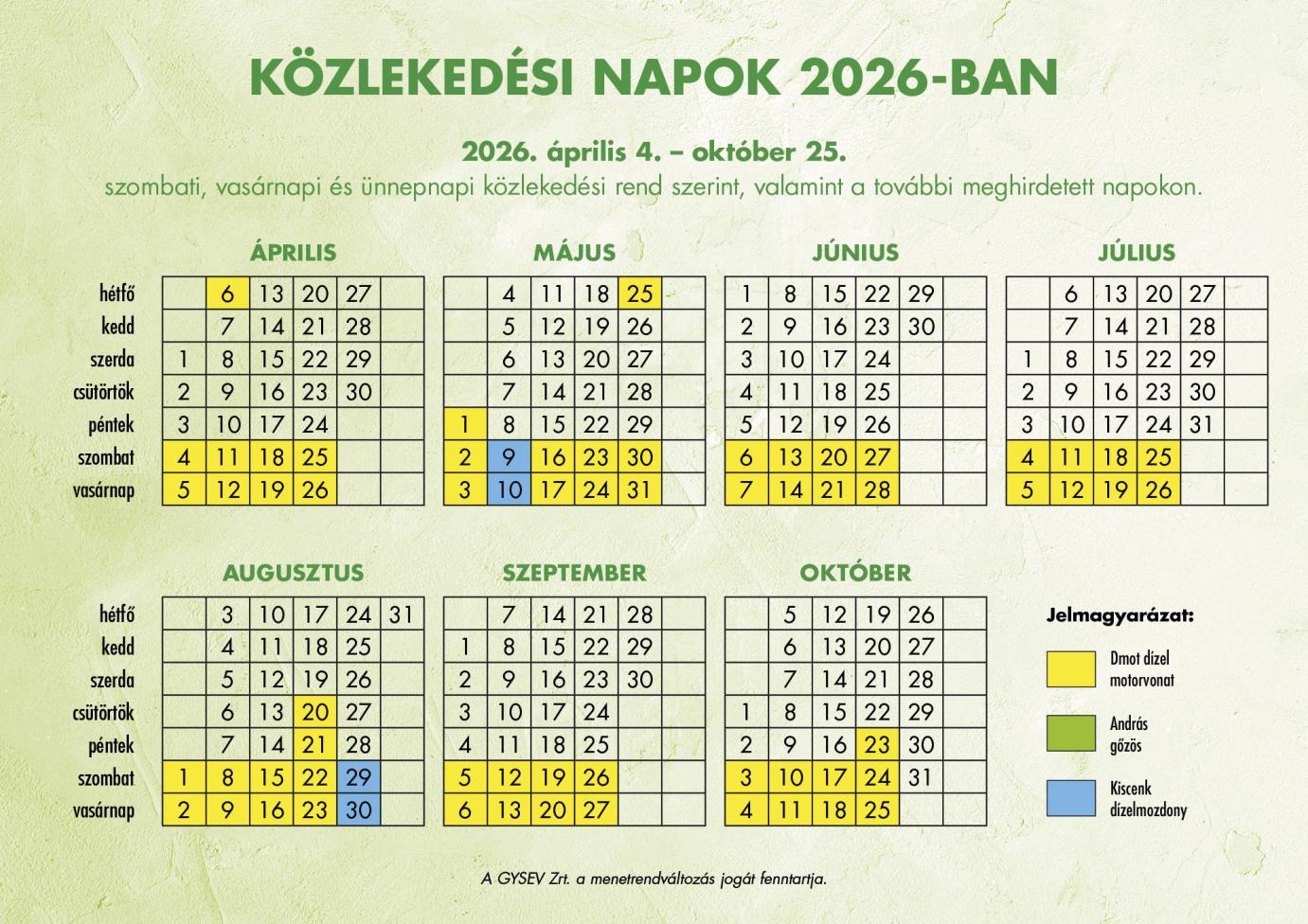 Múzeumvasút 2026. évi közlekedési napok naptára