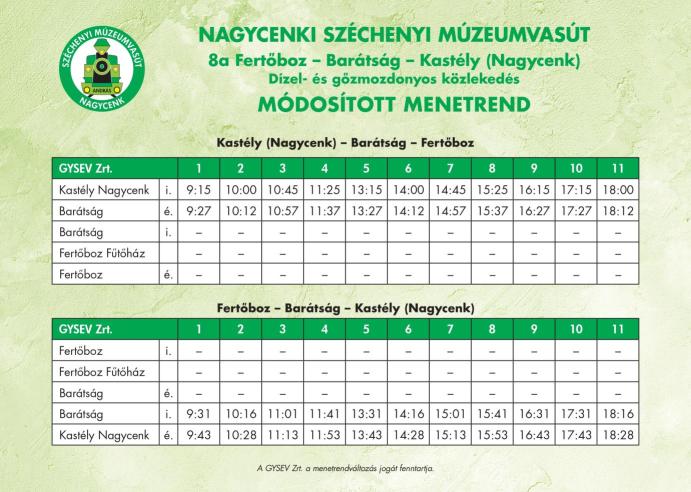 GYSEV Múzeumvasút módosított menetrend